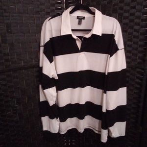 Polo Forever 21 Men's Rugby Striped Long Sleeve Shirt Cream and Black Size XL